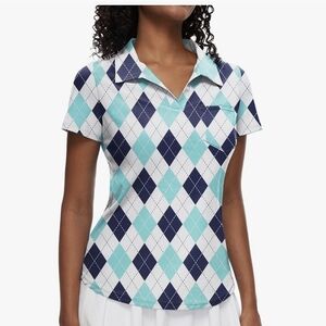 Women's Argyle Short Sleeve Polo - Navy and Aqua